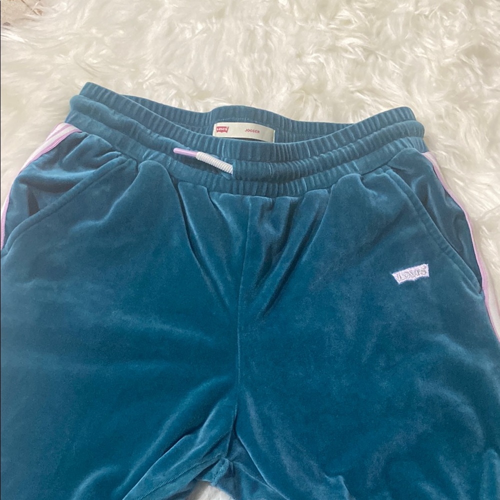 Levi's Teal Velvet Joggers with Pink Trim